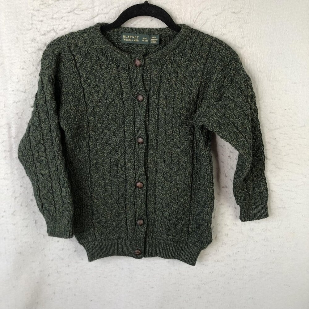 Blarney Woollen Mills Sweater Youth 8-10 Green Merino Wool Cable Knit Cardigan